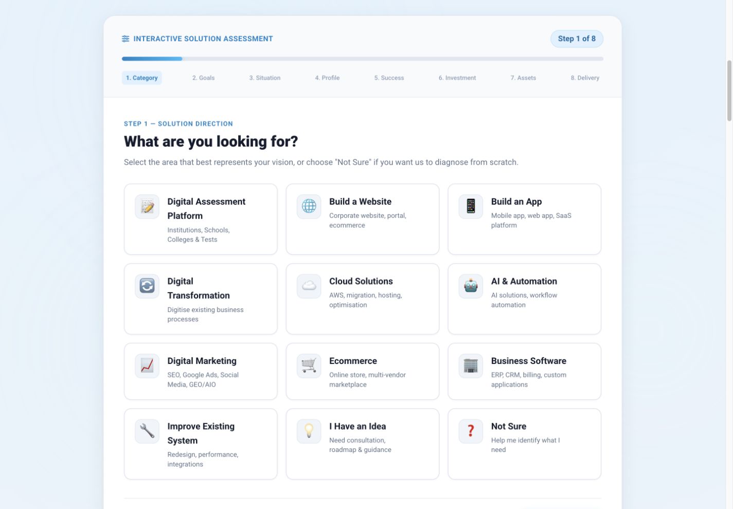 Business Solution Finder opening step with twelve solution categories and no selections or personal data.