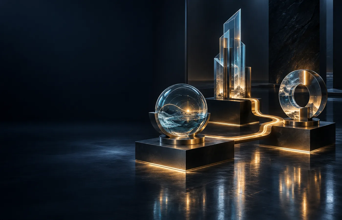Three glass and titanium project sculptures connected by an illuminated amber pathway.