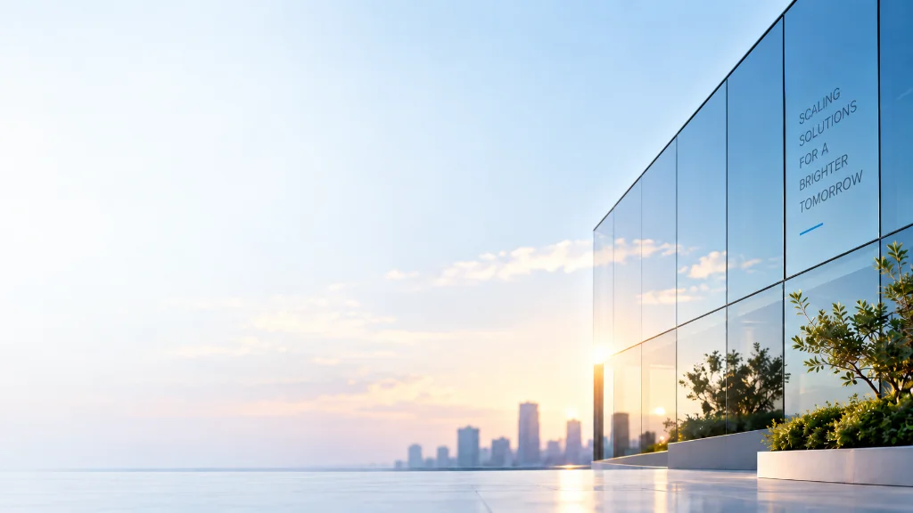 Modern architectural glass facade reflecting sunrise with Scaling Solutions for a Brighter Tomorrow.