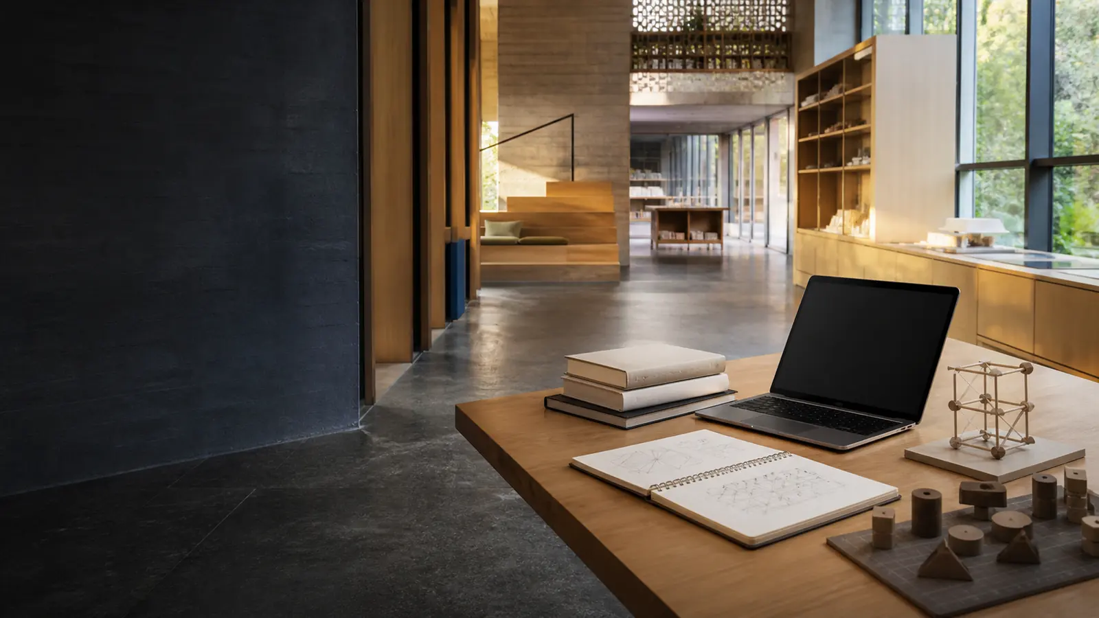Modern education space with digital and traditional learning tools.