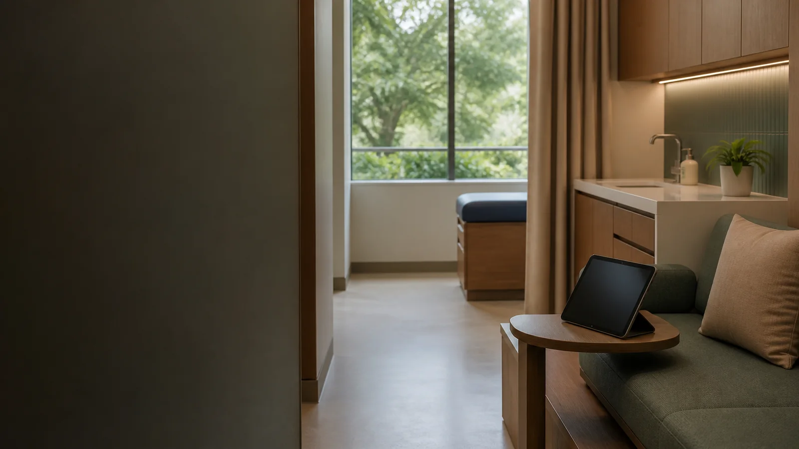 Calm healthcare consultation space with a tablet prepared for digital care coordination.