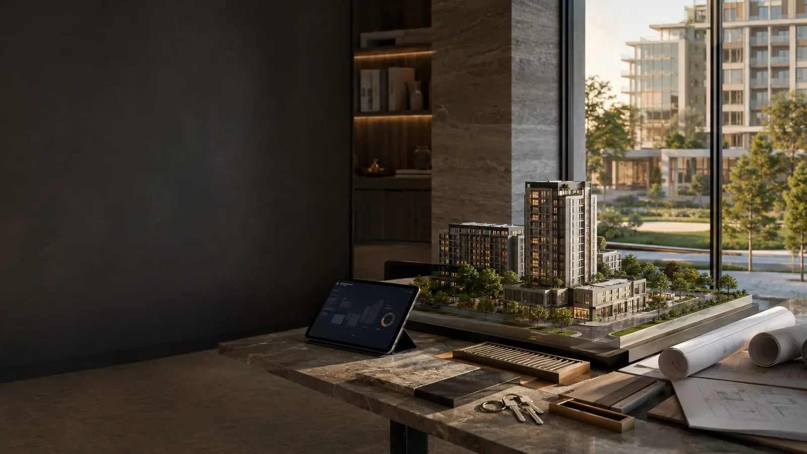 Modern real estate planning environment with a property model and connected digital tools.