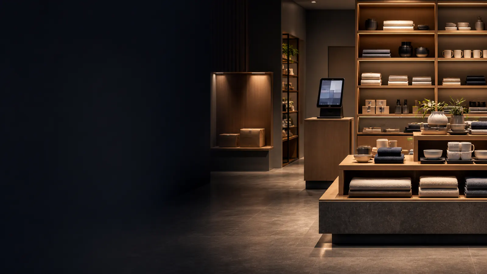 Modern omnichannel retail environment with connected shopping and order collection areas.