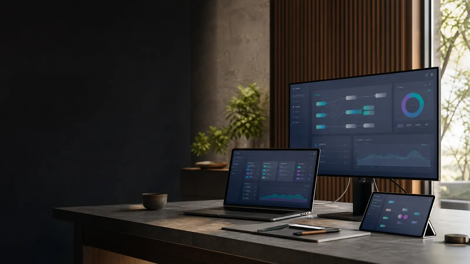 Modern SaaS product workspace with connected digital platform dashboards.
