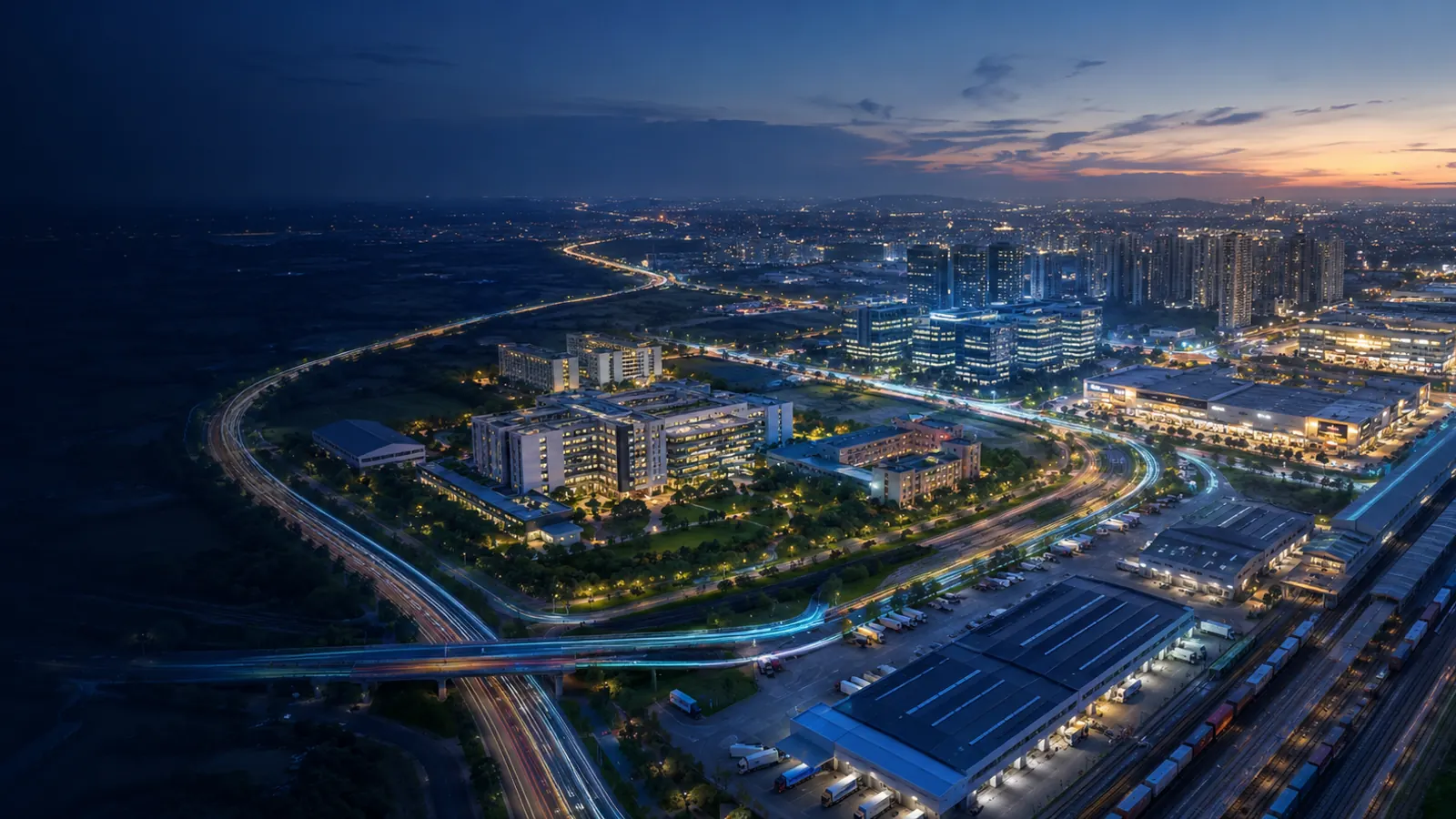 Modern city districts connected by transport and digital infrastructure at dusk.