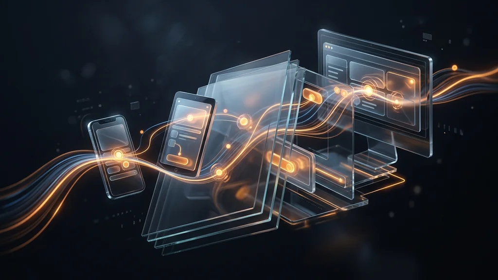 Digital experience and user journey architecture showing multi-device interactions, accessibility, and performance telemetry