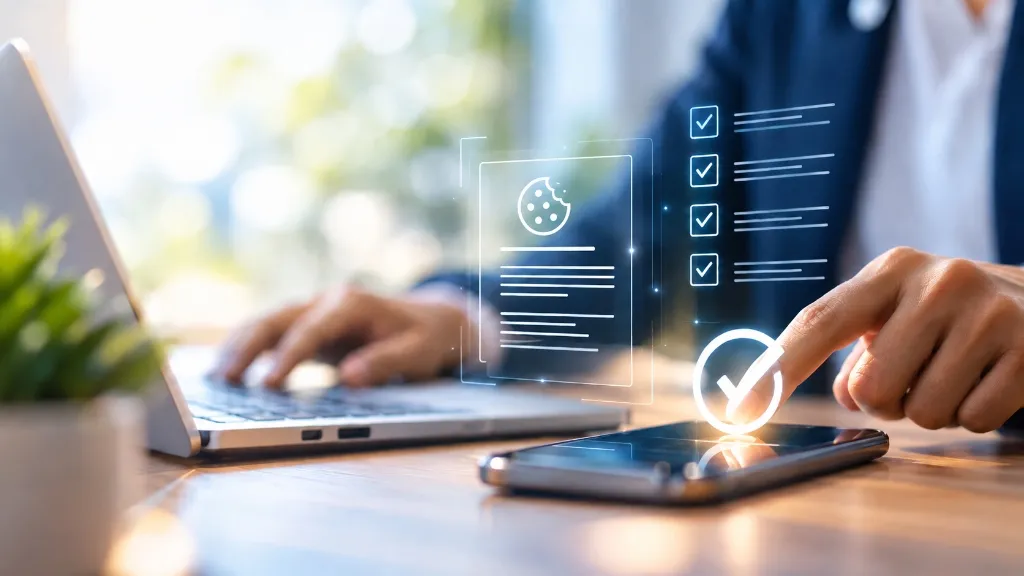 Digital cookie policy consent checklist and interactive preferences interface on laptop and mobile.