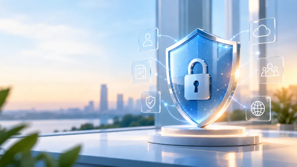 Digital security shield with a padlock and connected data protection icons overlooking a modern cityscape.