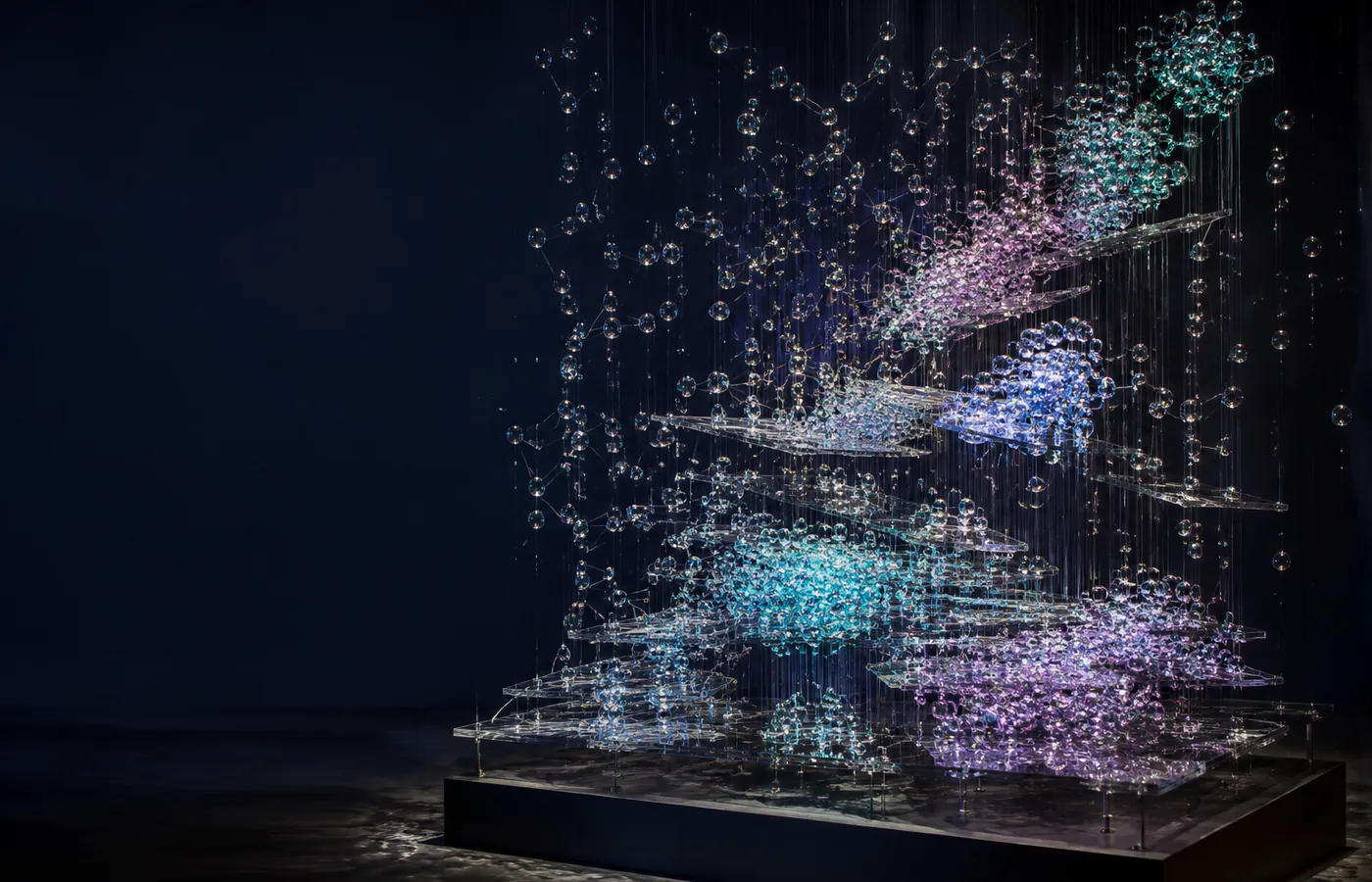 Glass data sculpture illustrating machine-learning patterns and connected intelligence.
