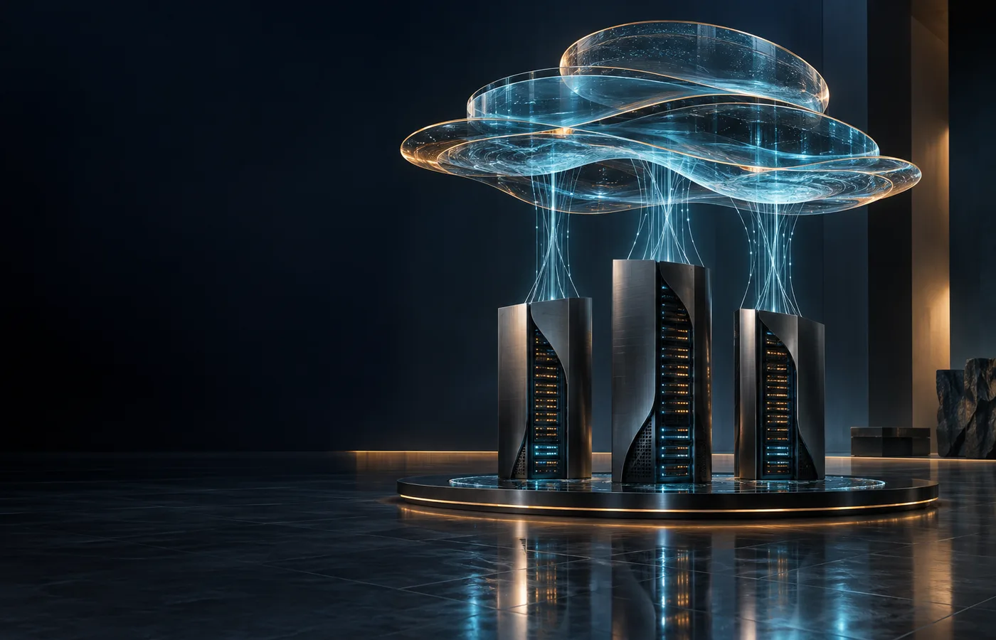 Floating glass cloud layers connected to sculptural server towers by light.