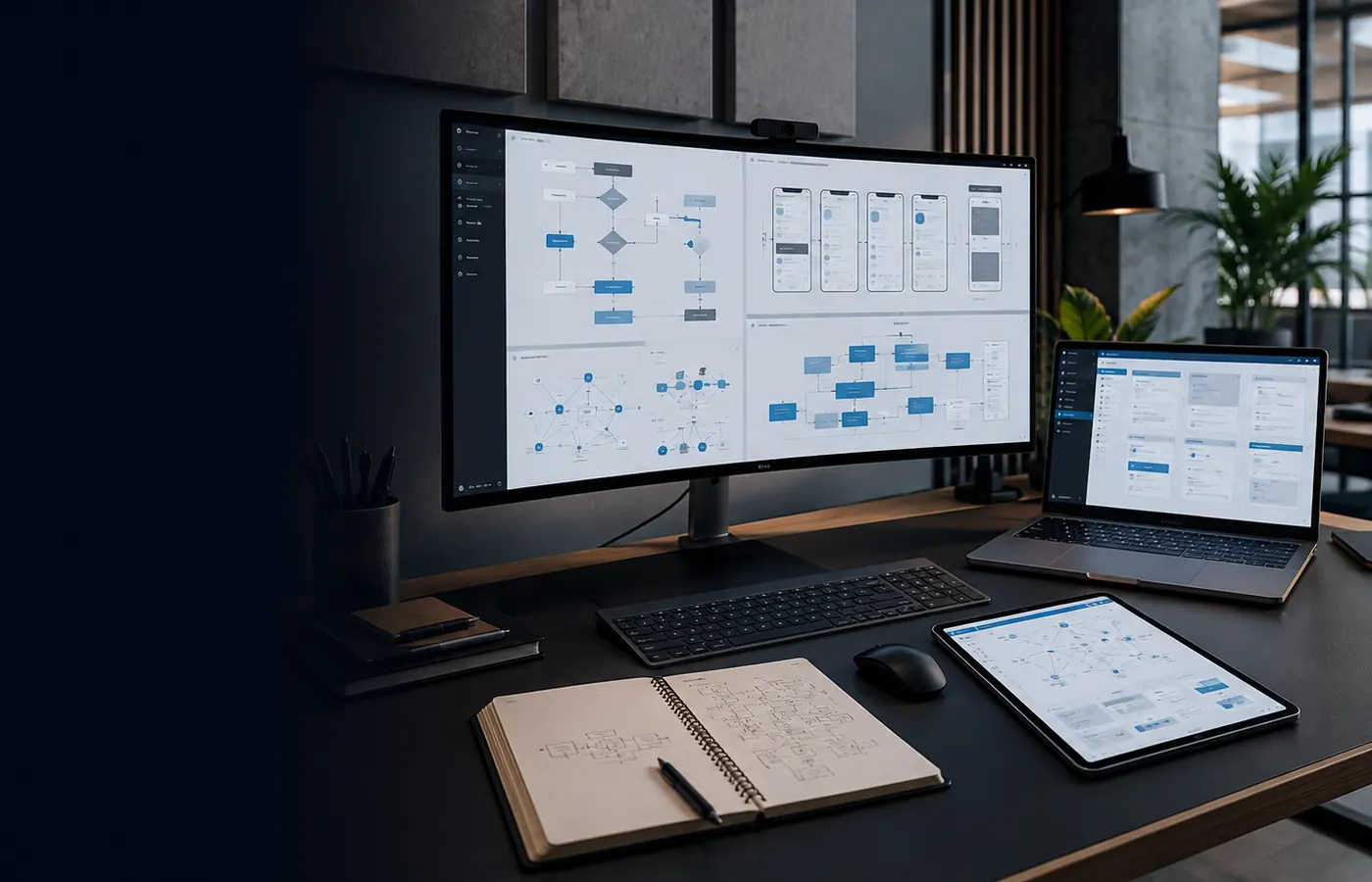 Custom software application architecture displayed across connected development devices.