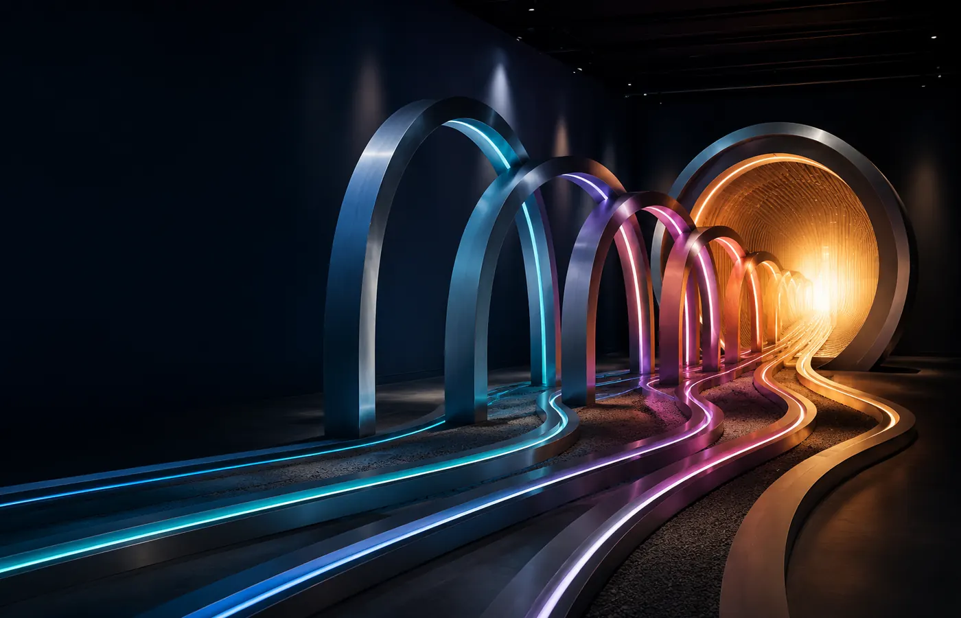Illuminated pathways converging through a sculptural customer journey installation.