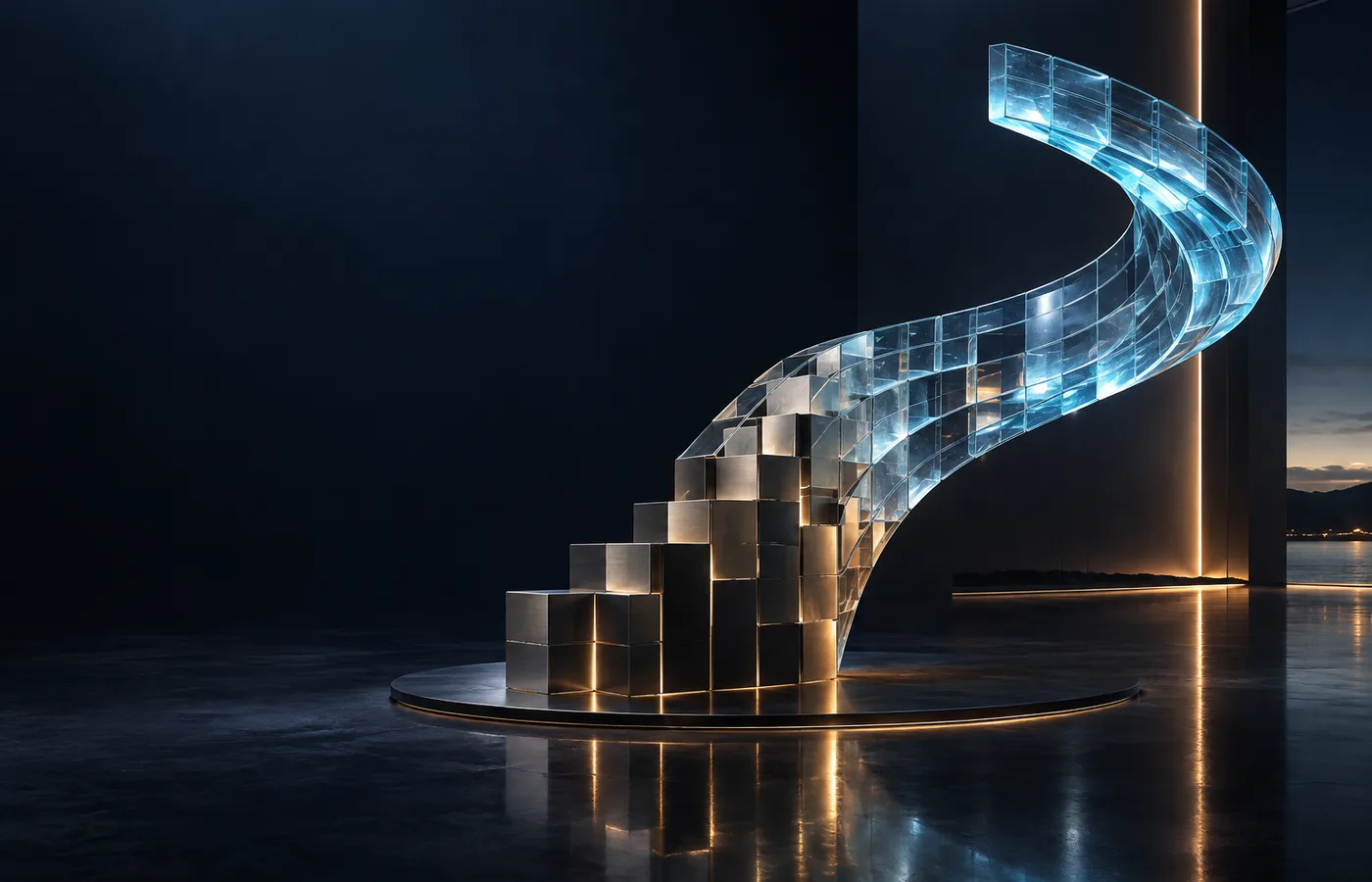 Solid titanium blocks evolving into a flowing ribbon of illuminated glass tiles.