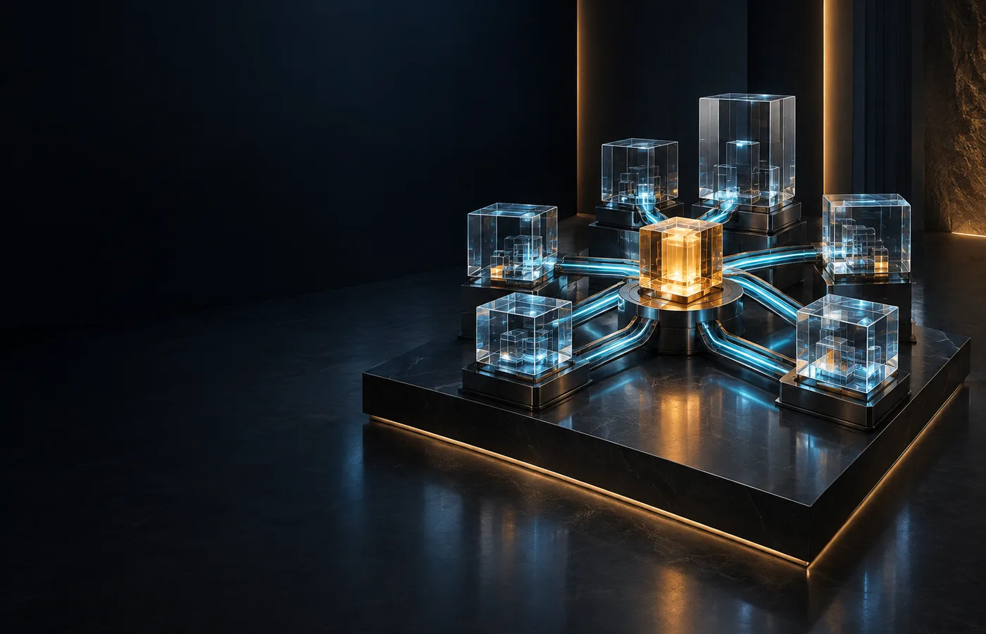 Connected glass architecture modules converging on an illuminated amber core.