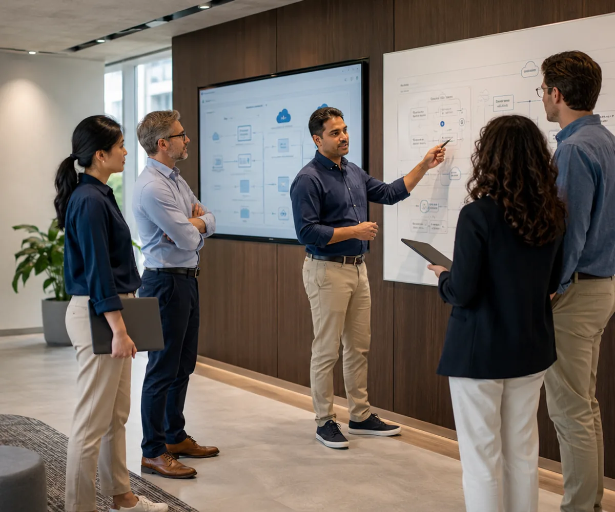 Technology consultants reviewing a digital solution architecture.