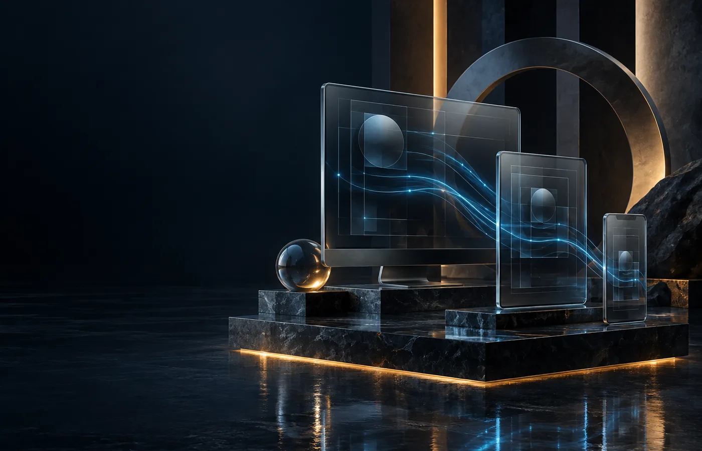 Connected desktop, tablet and mobile glass displays on a dark architectural plinth.